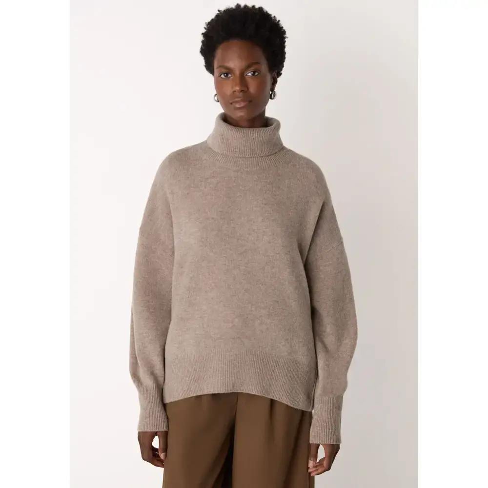 Whistles Oatmeal Wool Roll Curved Hem Knit